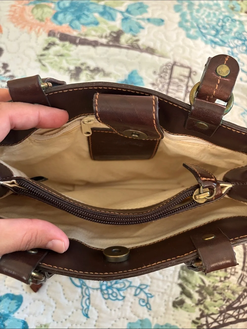 Fossil Brown Woven Tote with Dark Leather Trim